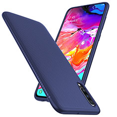 Custodia Fibra di Carbonio Lusso Morbida Spigato Cover T02 per Samsung Galaxy A70 Blu