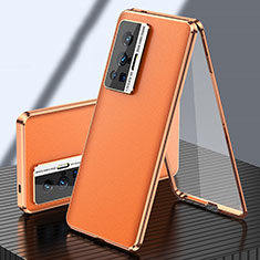 Custodia Lusso Alluminio e Pelle Cover 360 Gradi per Vivo X70 Pro 5G Arancione