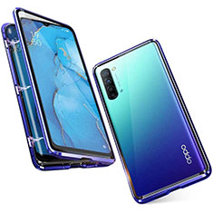 Custodia Lusso Alluminio Laterale Specchio 360 Gradi Cover M05 per Oppo Reno3 Blu