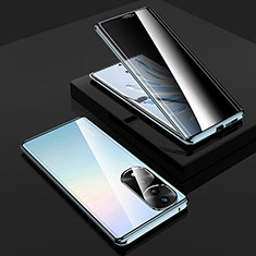 Custodia Lusso Alluminio Laterale Specchio 360 Gradi Cover P01 per Huawei Honor 70 Pro 5G Blu