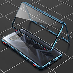 Custodia Lusso Alluminio Laterale Specchio 360 Gradi Cover P01 per Xiaomi Black Shark 4 5G Blu