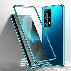 Custodia Lusso Alluminio Laterale Specchio 360 Gradi Cover T01 per Huawei P40 Pro+ Plus Ciano