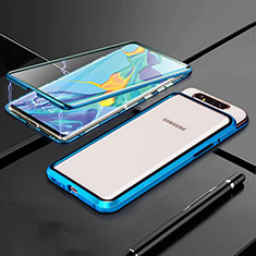 Custodia Lusso Alluminio Laterale Specchio 360 Gradi Cover T01 per Samsung Galaxy A80 Blu