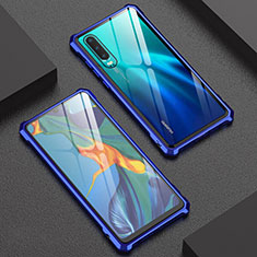 Custodia Lusso Alluminio Laterale Specchio 360 Gradi Cover T02 per Huawei P30 Blu