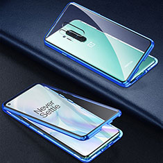 Custodia Lusso Alluminio Laterale Specchio 360 Gradi Cover T03 per OnePlus 8 Pro Blu