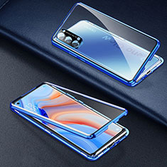 Custodia Lusso Alluminio Laterale Specchio 360 Gradi Cover T03 per Oppo Reno4 Pro 5G Blu