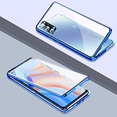 Custodia Lusso Alluminio Laterale Specchio 360 Gradi Cover T06 per Oppo Reno4 Pro 5G Blu