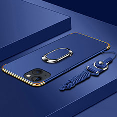 Custodia Lusso Metallo Laterale e Plastica Cover con Anello Supporto e Cordoncino per Apple iPhone 13 Mini Blu