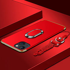 Custodia Lusso Metallo Laterale e Plastica Cover con Anello Supporto e Cordoncino per Apple iPhone 13 Mini Rosso