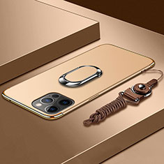 Custodia Lusso Metallo Laterale e Plastica Cover con Anello Supporto e Cordoncino per Apple iPhone 13 Pro Max Oro