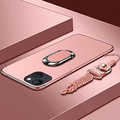 Custodia Lusso Metallo Laterale e Plastica Cover con Anello Supporto e Cordoncino per Apple iPhone 14 Oro Rosa