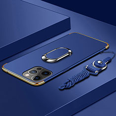 Custodia Lusso Metallo Laterale e Plastica Cover con Anello Supporto e Cordoncino per Apple iPhone 14 Pro Blu