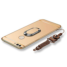 Custodia Lusso Metallo Laterale e Plastica Cover con Anello Supporto e Cordoncino per Huawei Enjoy 7S Oro