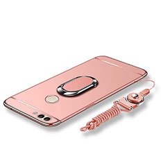 Custodia Lusso Metallo Laterale e Plastica Cover con Anello Supporto e Cordoncino per Huawei Enjoy 7S Oro Rosa