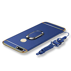 Custodia Lusso Metallo Laterale e Plastica Cover con Anello Supporto e Cordoncino per Huawei Enjoy 8 Blu