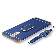 Custodia Lusso Metallo Laterale e Plastica Cover con Anello Supporto e Cordoncino per Huawei Honor 6X Pro Blu