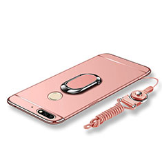 Custodia Lusso Metallo Laterale e Plastica Cover con Anello Supporto e Cordoncino per Huawei Honor 7C Oro Rosa