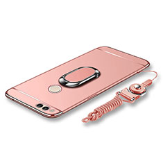 Custodia Lusso Metallo Laterale e Plastica Cover con Anello Supporto e Cordoncino per Huawei Honor 7X Oro Rosa