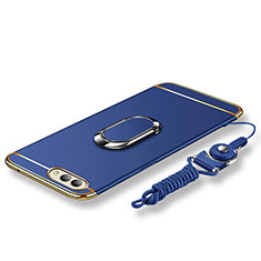 Custodia Lusso Metallo Laterale e Plastica Cover con Anello Supporto e Cordoncino per Huawei Honor V10 Blu