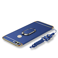 Custodia Lusso Metallo Laterale e Plastica Cover con Anello Supporto e Cordoncino per Huawei P Smart Blu