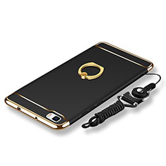 Custodia Lusso Metallo Laterale e Plastica Cover con Anello Supporto e Cordoncino per Huawei P8 Lite Nero