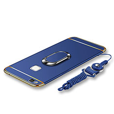 Custodia Lusso Metallo Laterale e Plastica Cover con Anello Supporto e Cordoncino per Huawei P9 Lite Blu