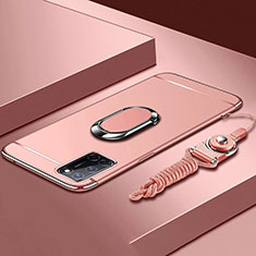 Custodia Lusso Metallo Laterale e Plastica Cover con Anello Supporto e Cordoncino per Oppo A52 Oro Rosa