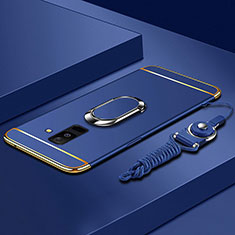 Custodia Lusso Metallo Laterale e Plastica Cover con Anello Supporto e Cordoncino per Samsung Galaxy A6 Plus (2018) Blu