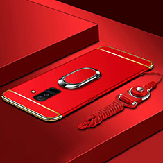 Custodia Lusso Metallo Laterale e Plastica Cover con Anello Supporto e Cordoncino per Samsung Galaxy A6 Plus Rosso