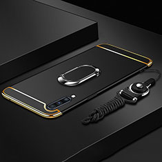 Custodia Lusso Metallo Laterale e Plastica Cover con Anello Supporto e Cordoncino per Samsung Galaxy A70 Nero