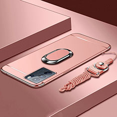 Custodia Lusso Metallo Laterale e Plastica Cover con Anello Supporto per Oppo Reno6 Pro 5G India Oro Rosa