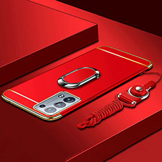 Custodia Lusso Metallo Laterale e Plastica Cover con Anello Supporto per Oppo Reno6 Pro+ Plus 5G Rosso