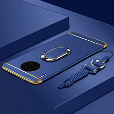 Custodia Lusso Metallo Laterale e Plastica Cover con Anello Supporto T01 per Huawei Mate 30 Pro 5G Blu