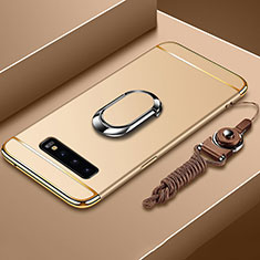 Custodia Lusso Metallo Laterale e Plastica Cover con Anello Supporto T02 per Samsung Galaxy S10 Oro