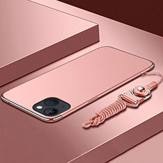 Custodia Lusso Metallo Laterale e Plastica Cover con Cordoncino per Apple iPhone 14 Plus Oro Rosa