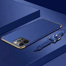 Custodia Lusso Metallo Laterale e Plastica Cover con Cordoncino per Apple iPhone 14 Pro Blu