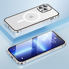Custodia Lusso Metallo Laterale e Plastica Cover con Mag-Safe Magnetic LF1 per Apple iPhone 13 Pro Max Argento