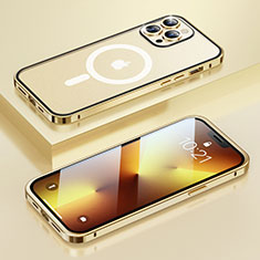 Custodia Lusso Metallo Laterale e Plastica Cover con Mag-Safe Magnetic LF1 per Apple iPhone 13 Pro Max Oro