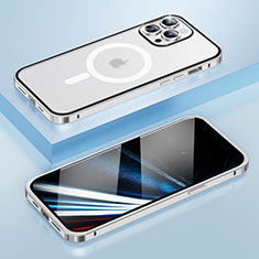Custodia Lusso Metallo Laterale e Plastica Cover con Mag-Safe Magnetic LF1 per Apple iPhone 14 Pro Argento