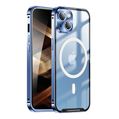 Custodia Lusso Metallo Laterale e Plastica Cover con Mag-Safe Magnetic LK1 per Apple iPhone 15 Blu