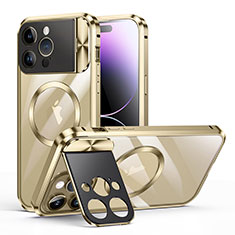 Custodia Lusso Metallo Laterale e Plastica Cover con Mag-Safe Magnetic LK4 per Apple iPhone 13 Pro Oro