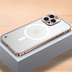 Custodia Lusso Metallo Laterale e Plastica Cover con Mag-Safe Magnetic QC1 per Apple iPhone 14 Pro Max Oro Rosa