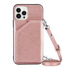 Custodia Lusso Pelle Cover Y04B per Apple iPhone 14 Pro Oro Rosa