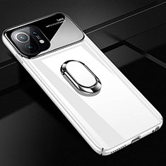 Custodia Plastica Rigida Cover Opaca con Magnetico Anello Supporto P01 per Xiaomi Mi 11 Lite 4G Bianco