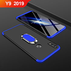 Custodia Plastica Rigida Cover Opaca Fronte e Retro 360 Gradi con Anello Supporto per Huawei Y9 (2019) Blu e Nero
