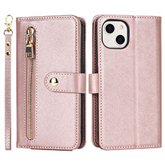 Custodia Portafoglio In Pelle Cover con Supporto D06T per Apple iPhone 15 Plus Oro Rosa