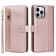 Custodia Portafoglio In Pelle Cover con Supporto D06T per Apple iPhone 15 Pro Oro Rosa