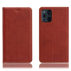 Custodia Portafoglio In Pelle Cover con Supporto H02P per Oppo Find X3 Pro 5G Marrone