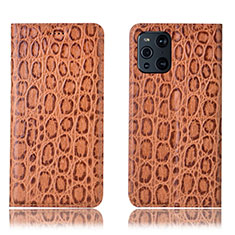 Custodia Portafoglio In Pelle Cover con Supporto H16P per Oppo Find X3 5G Marrone Chiaro