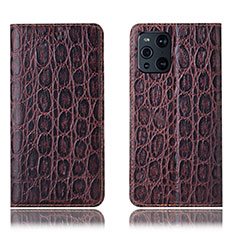 Custodia Portafoglio In Pelle Cover con Supporto H16P per Oppo Find X3 Pro 5G Marrone